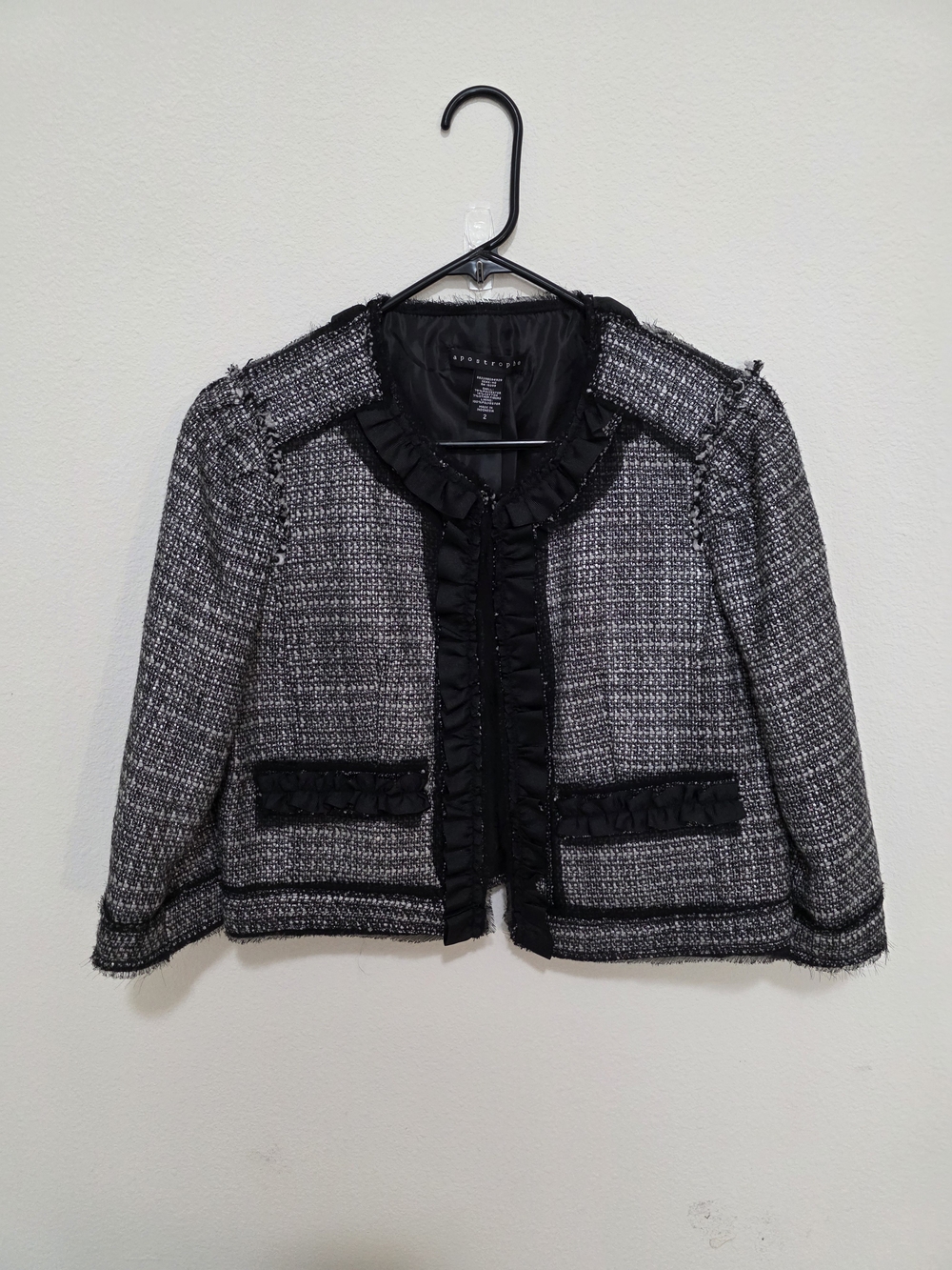 Apostrophe Black & Gray Tweed Ruffled Trim Jacket